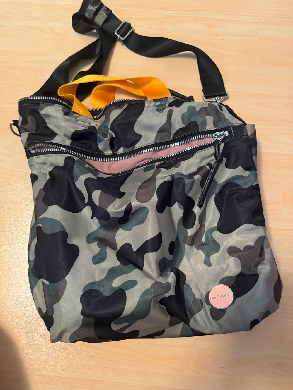 Camouflage Messenger Bag with Yellow Handles